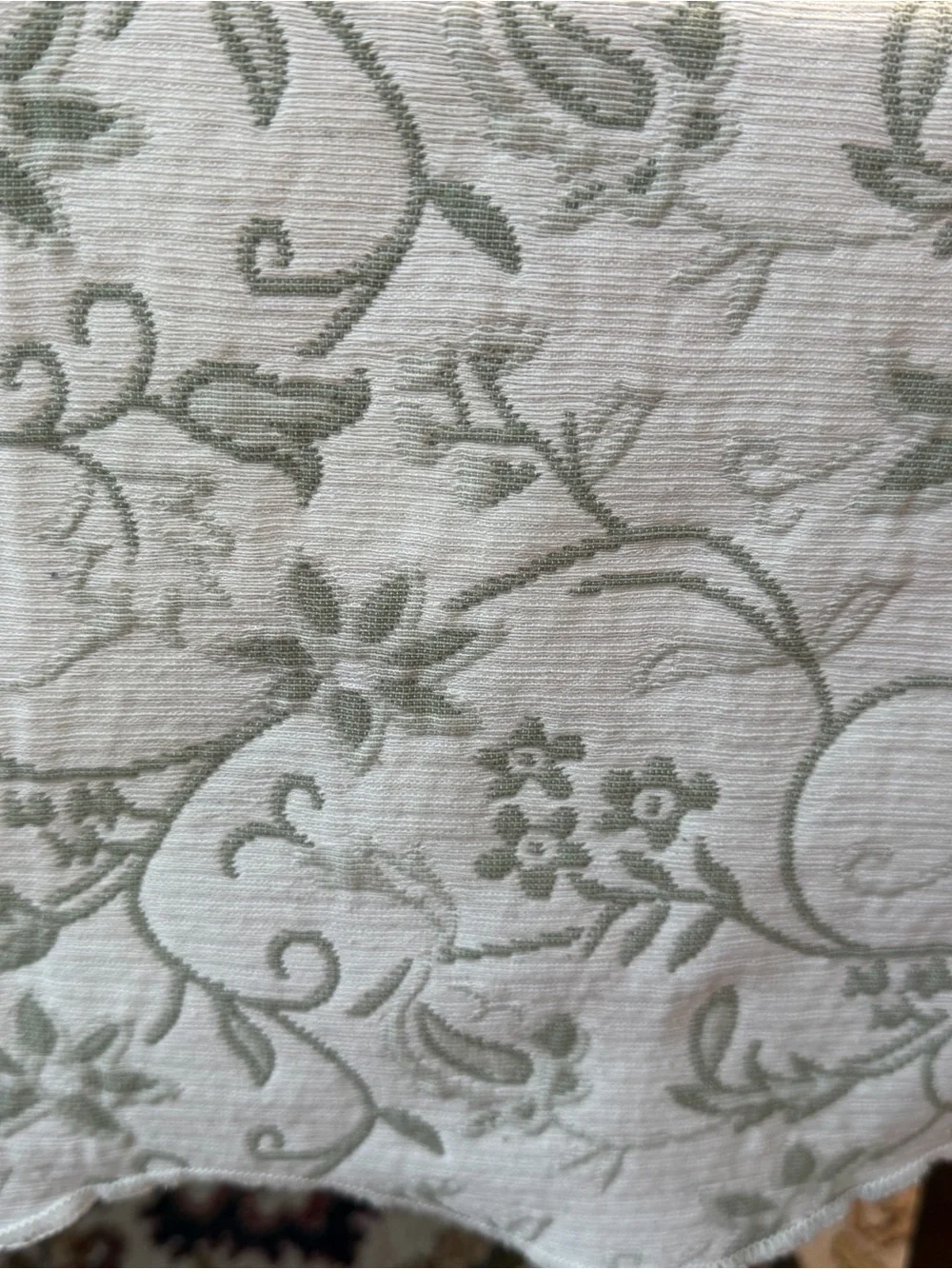 Floral Vine Jacquard Tablecloth sage green white reversible 83” x64” cotton blnd